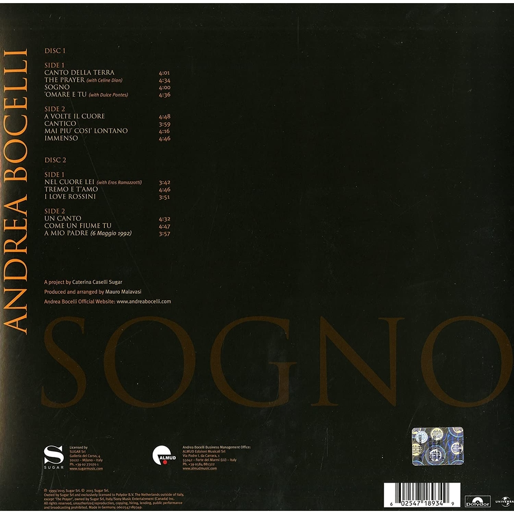 ANDREA BOCELLI - SOGNO - DOS VINILOS - IMPORTADO